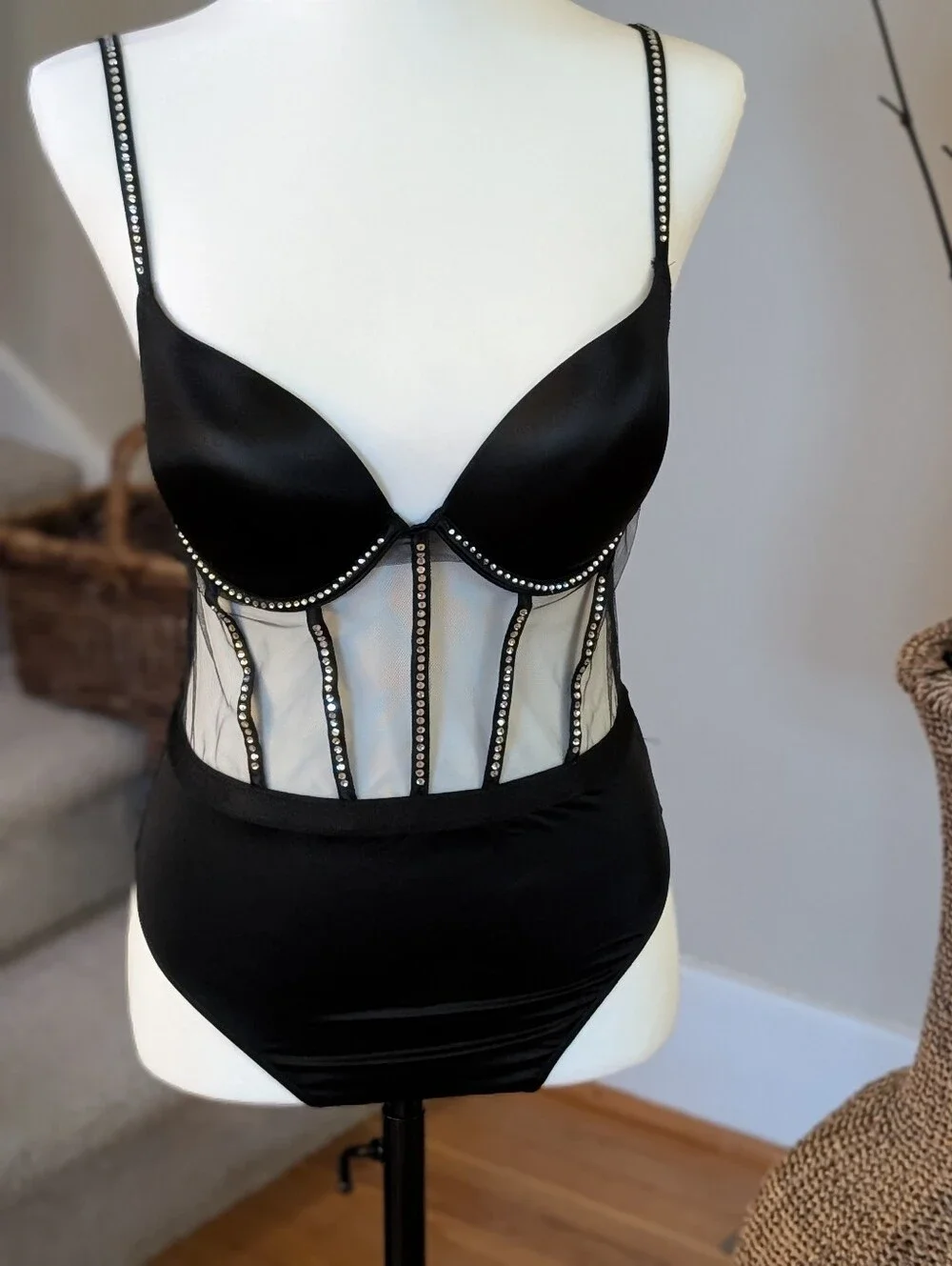 Rhinestone Mesh Teddy Bodysuit‎ Glam Y2K Coquette Victoria's Secret Black NWOT